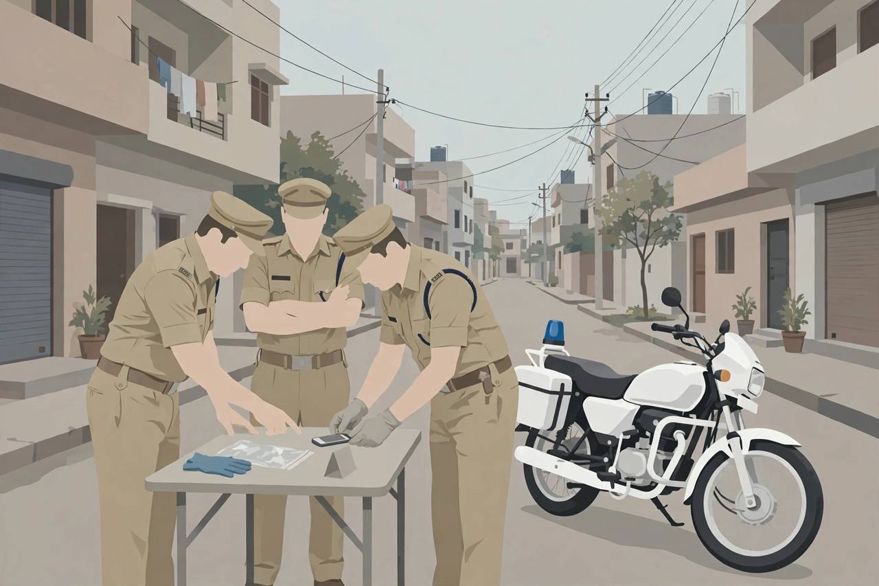 Editorial illustration of Delhi police officers beside a police motorcycle at a street corner in Bhagirathi Vihar, Gokulpuri, examining a recovered mobile phone on an evidence table