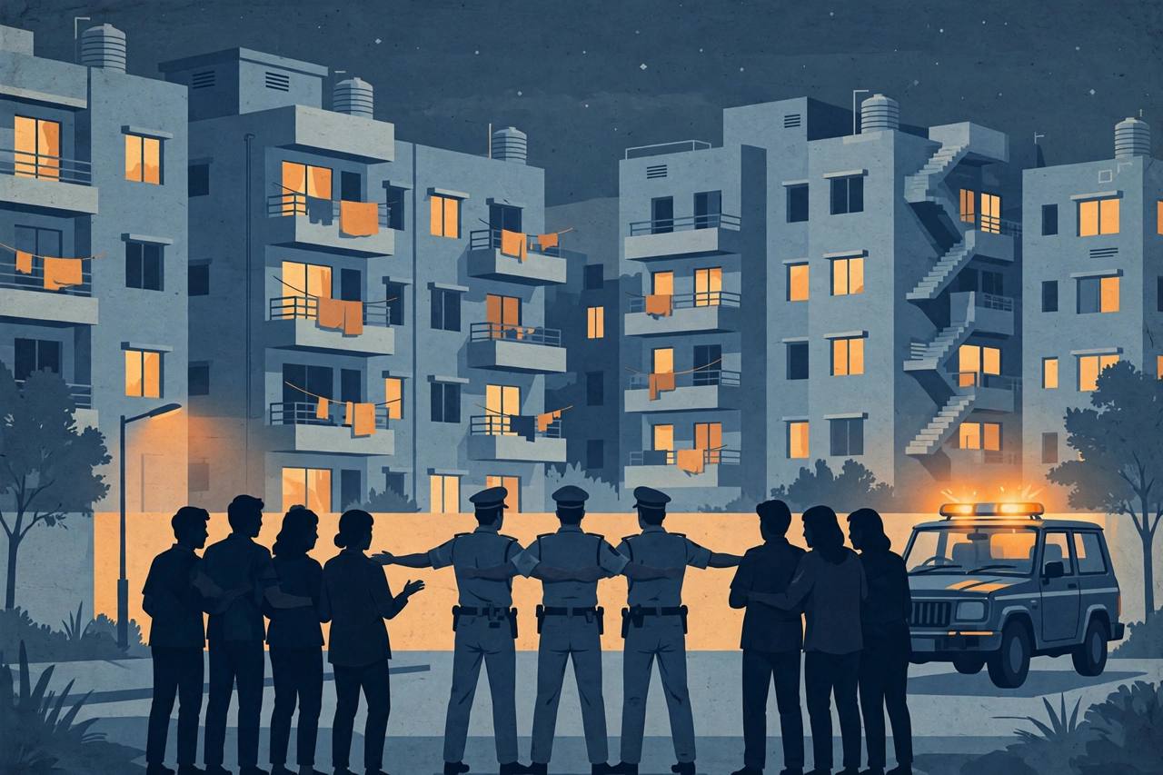 Editorial illustration of police outside a Delhi apartment complex at night