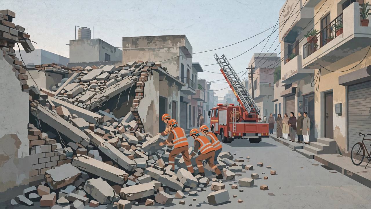 Editorial illustration of rescue workers clearing concrete rubble from a collapsed house in a narrow Delhi lane, with a fire tender nearby