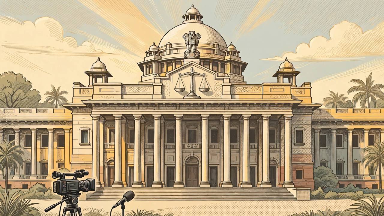 Editorial illustration of an Indian high court building with tall pillars, a press video camera on a tripod and a microphone in the foreground