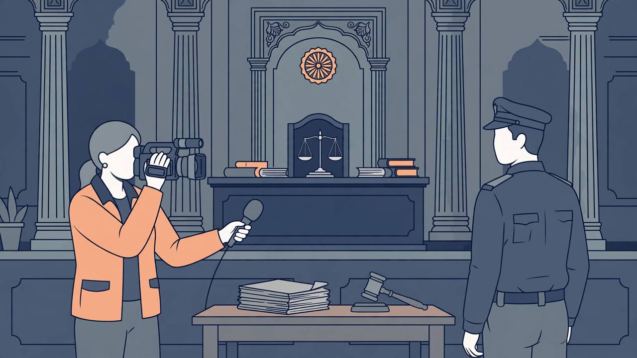 Editorial illustration of a courtroom with a journalist holding a camera and microphone facing a uniformed police officer, with a judge's bench, scales of justice and legal papers