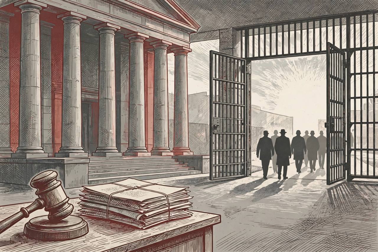 Editorial illustration of a courthouse beside an open prison gate, with a gavel and a stack of legal files in the foreground