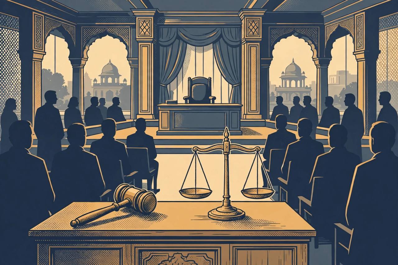 Editorial illustration of a judge's gavel and scales of justice on a courtroom bench, with generic silhouetted figures