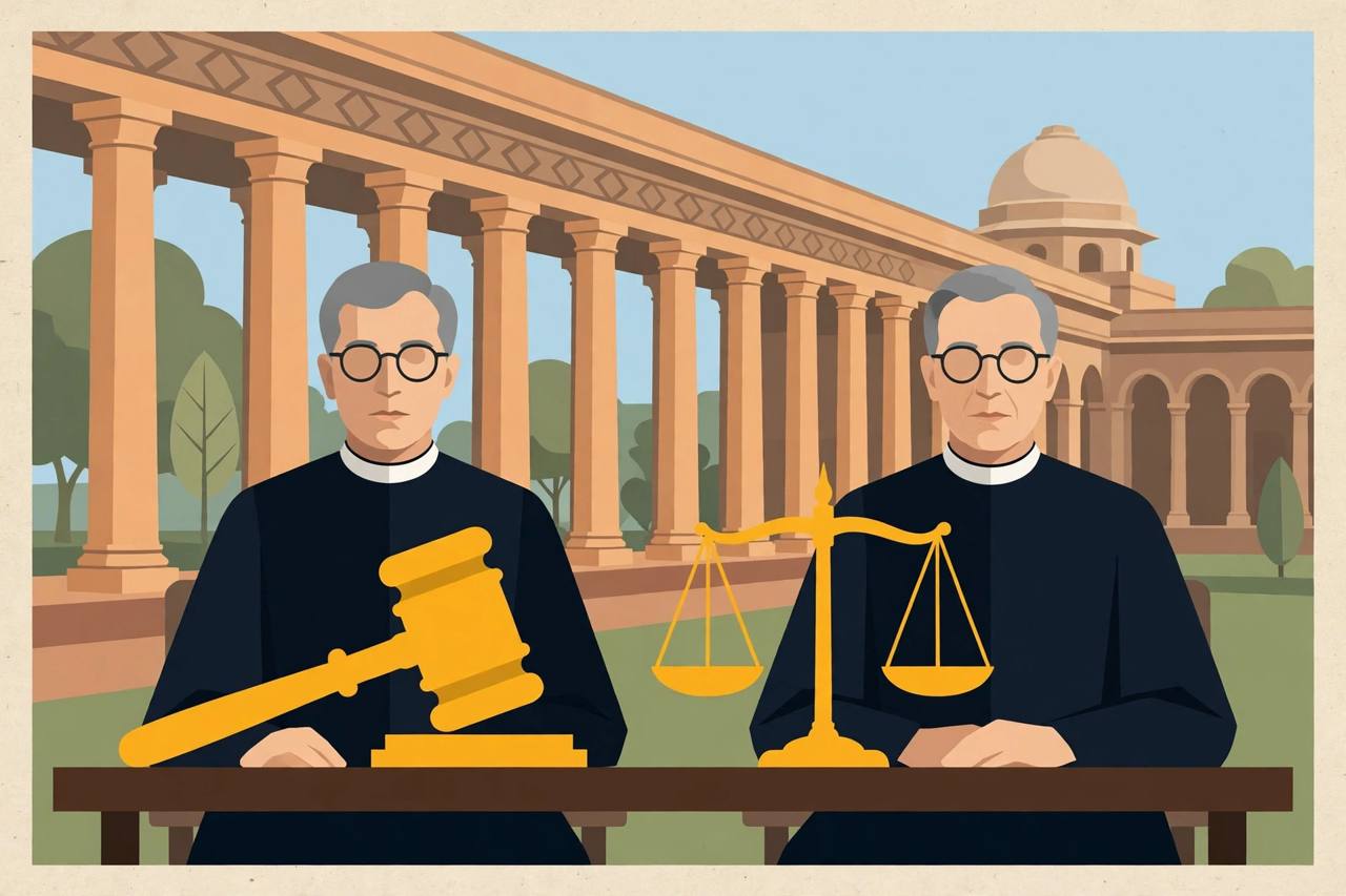 Editorial illustration of two judges at a high court bench with a gavel and scales of justice in front of a courthouse colonnade in Delhi