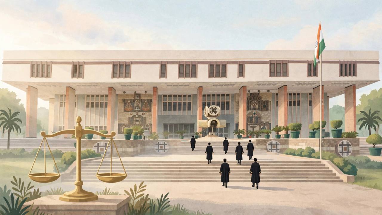 Editorial illustration of the Delhi High Court building in New Delhi with a scale of justice in the foreground and generic figures in legal robes seen from behind