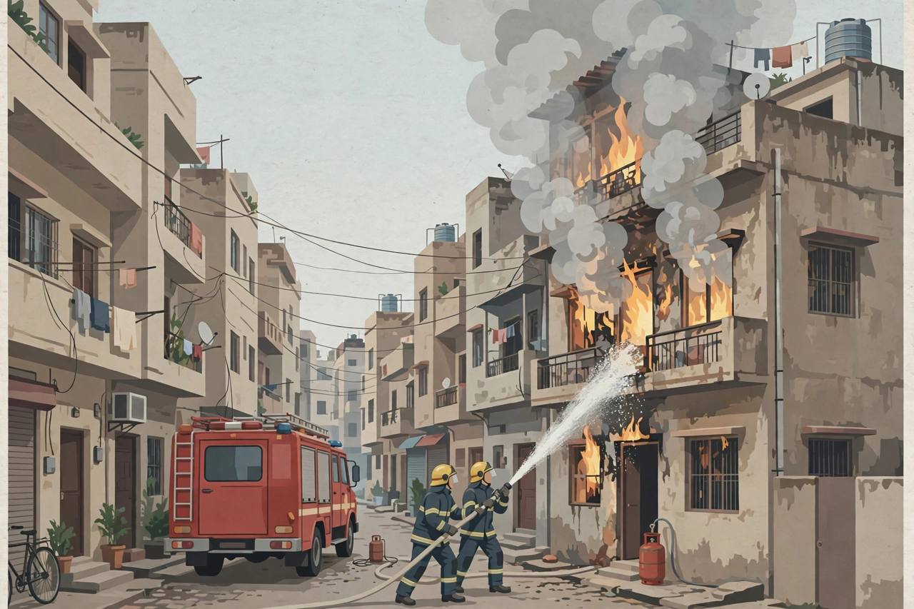 Editorial illustration of firefighters tackling a house fire in a narrow lane in Delhi's Jahangirpuri, with a fire tender and an LPG cylinder near the house