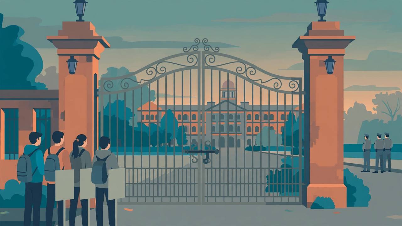 Editorial illustration of a closed university gate in Delhi with generic students holding blank placards outside and police standing at a distance