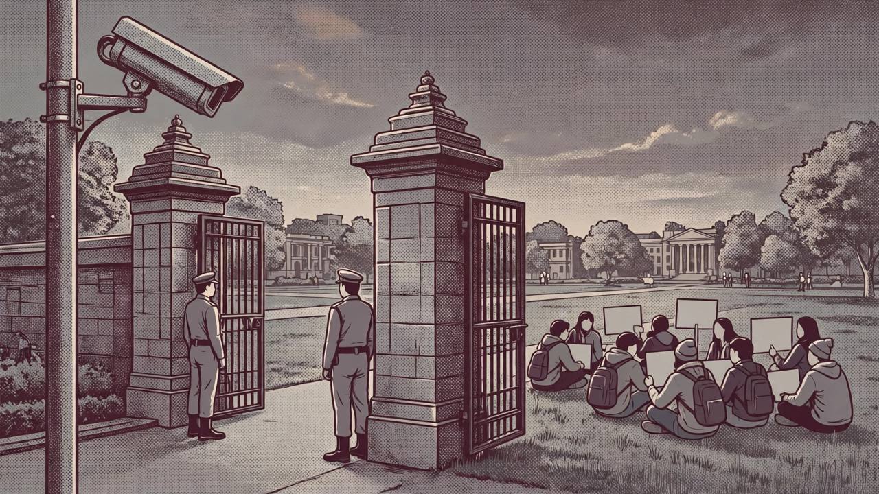 Editorial illustration of police guarding a university campus gate in Delhi with a CCTV camera overhead and students sitting in protest with blank placards