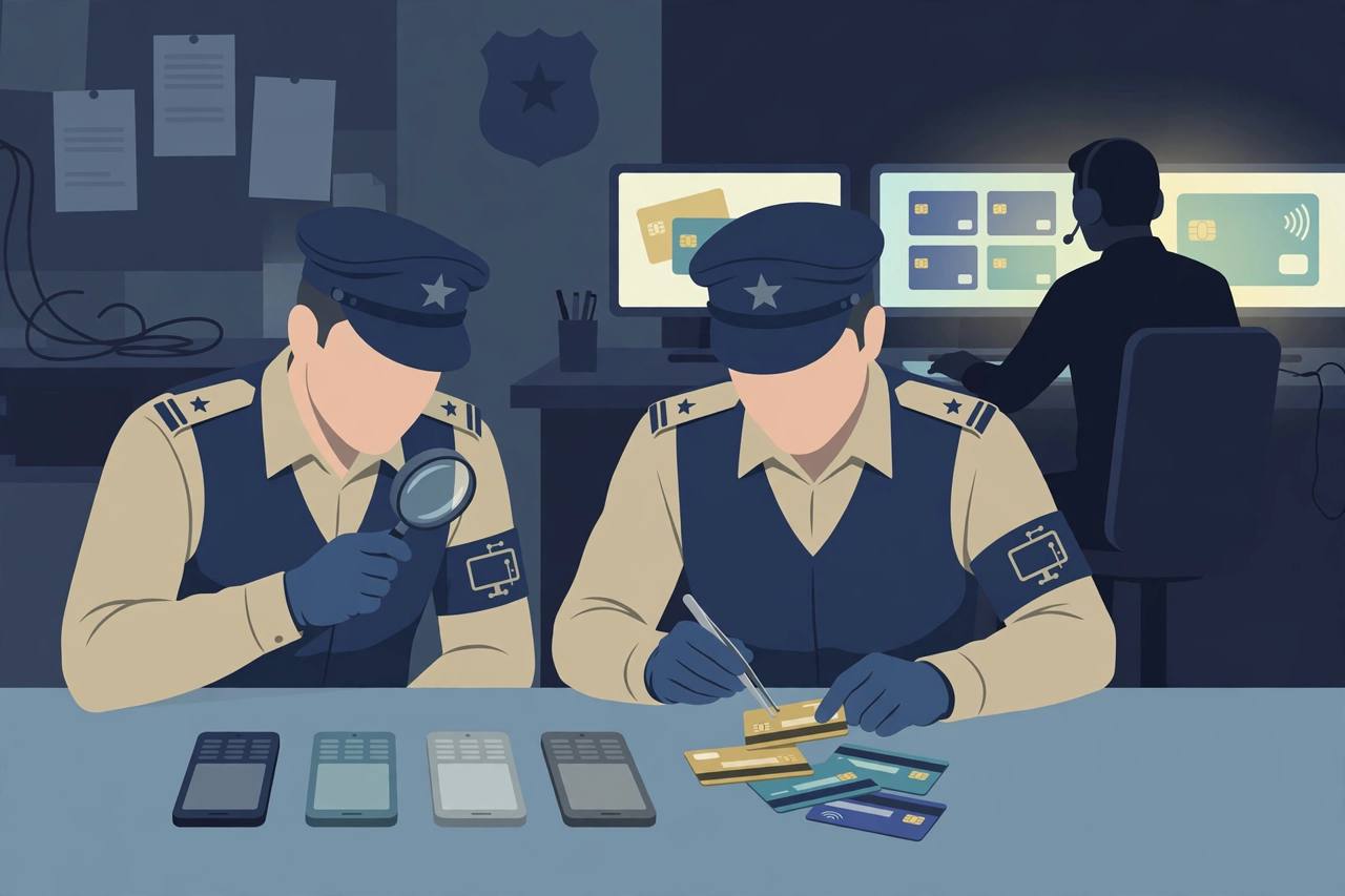 (Editorial illustration) Cyber cell officers examining seized mobile phones and credit cards, with a shadowy phone caller in the background