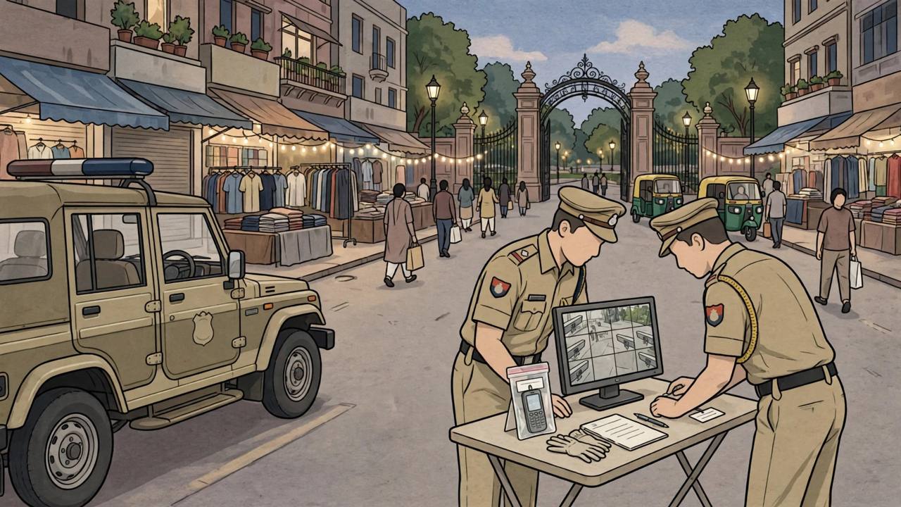 Editorial illustration of an evening market street in Karol Bagh, Delhi, with a police jeep, officers examining a CCTV monitor and a recovered mobile phone in an evidence pouch; the robbery itself is not depicted