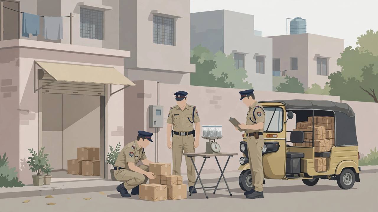 (Editorial illustration) Police officers inspecting sealed courier cartons beside an e-rickshaw in a West Delhi residential colony
