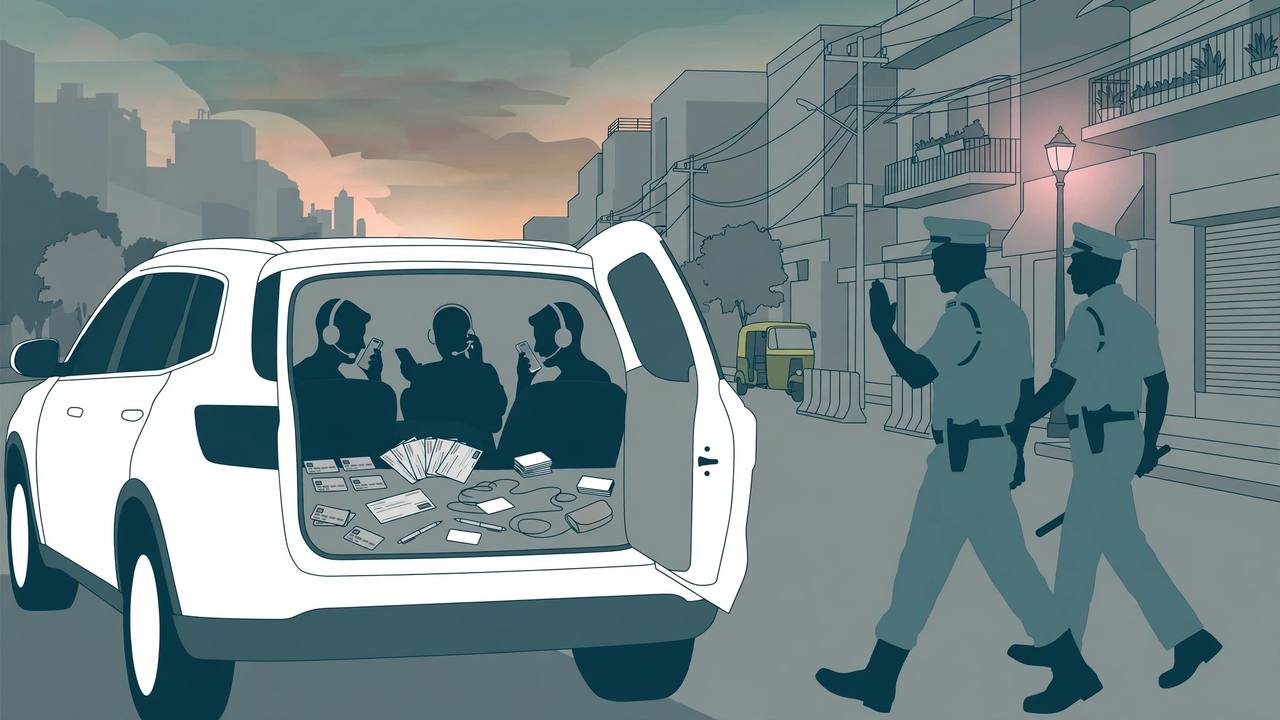 Editorial illustration of a white SUV with a makeshift call centre inside — generic silhouetted figures with headsets, phones and bank cards — as two generic police officers approach on a Delhi street