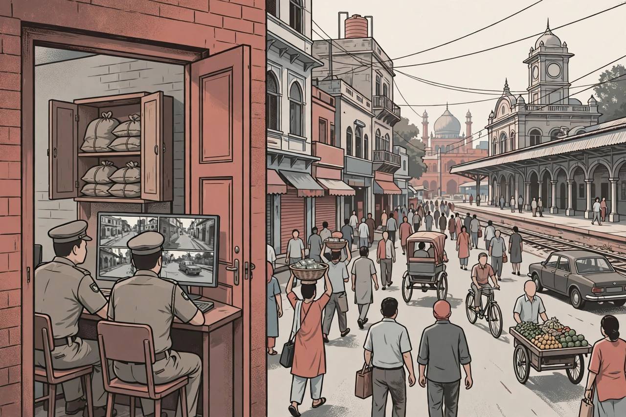Editorial illustration of a busy Old Delhi street near a railway station in daylight, with police officers examining CCTV footage outside an office