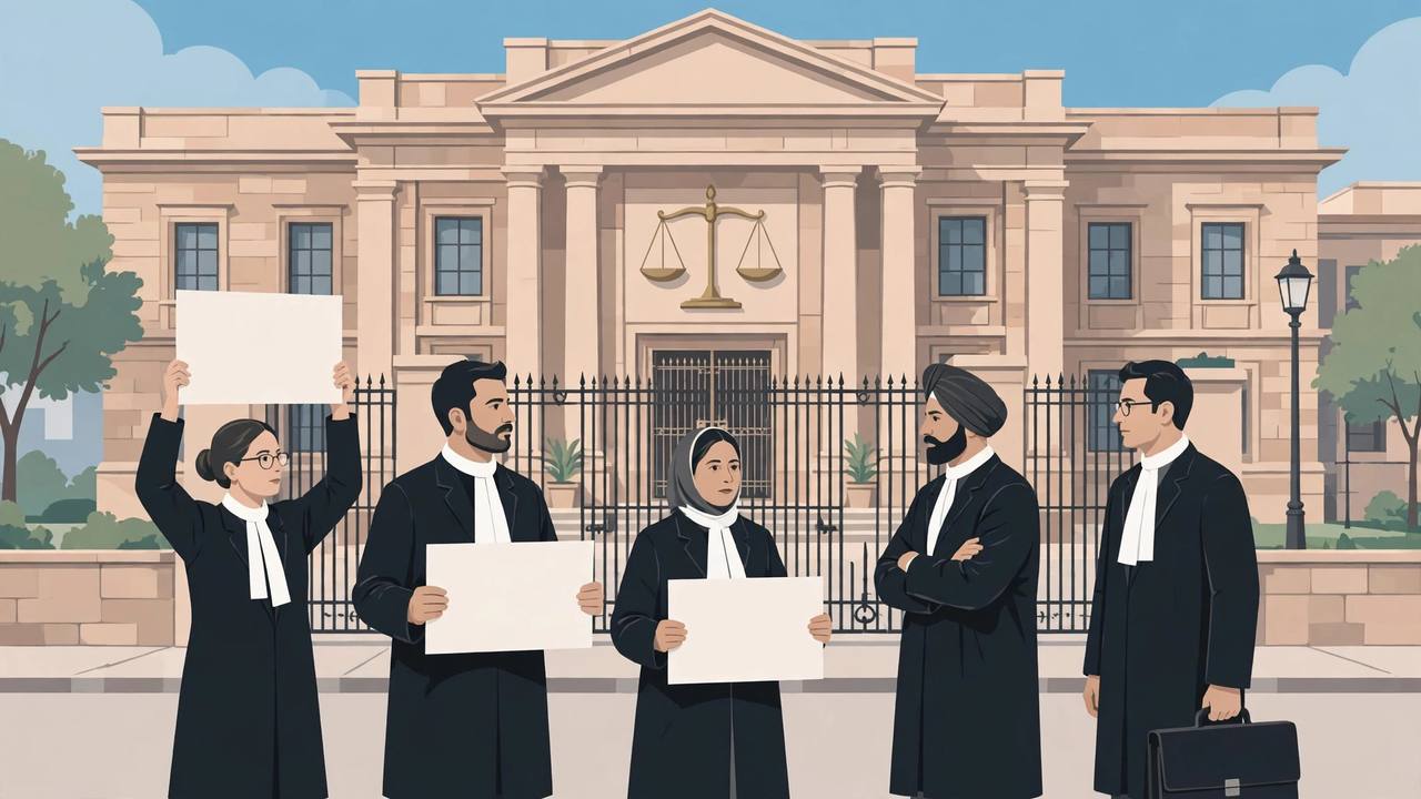 Editorial illustration of lawyers in black coats with blank placards standing outside a closed Delhi district courthouse with a scales of justice emblem