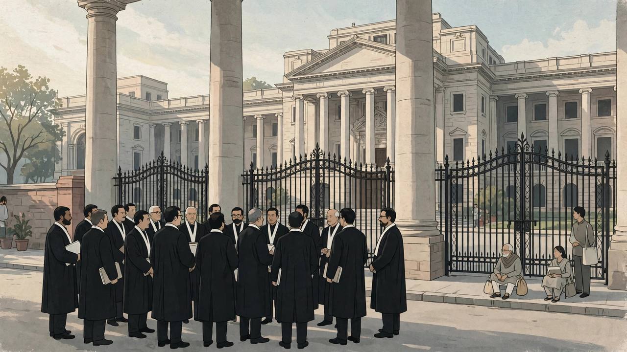 Editorial illustration of lawyers in black coats standing peacefully outside the closed gates of a Delhi district court complex in the morning