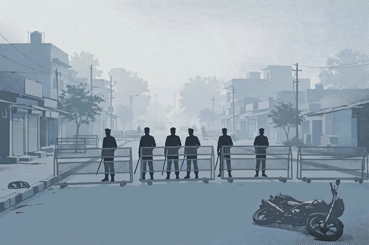 (Editorial illustration) Police cordon on an early-morning Delhi street with a stopped motorcycle