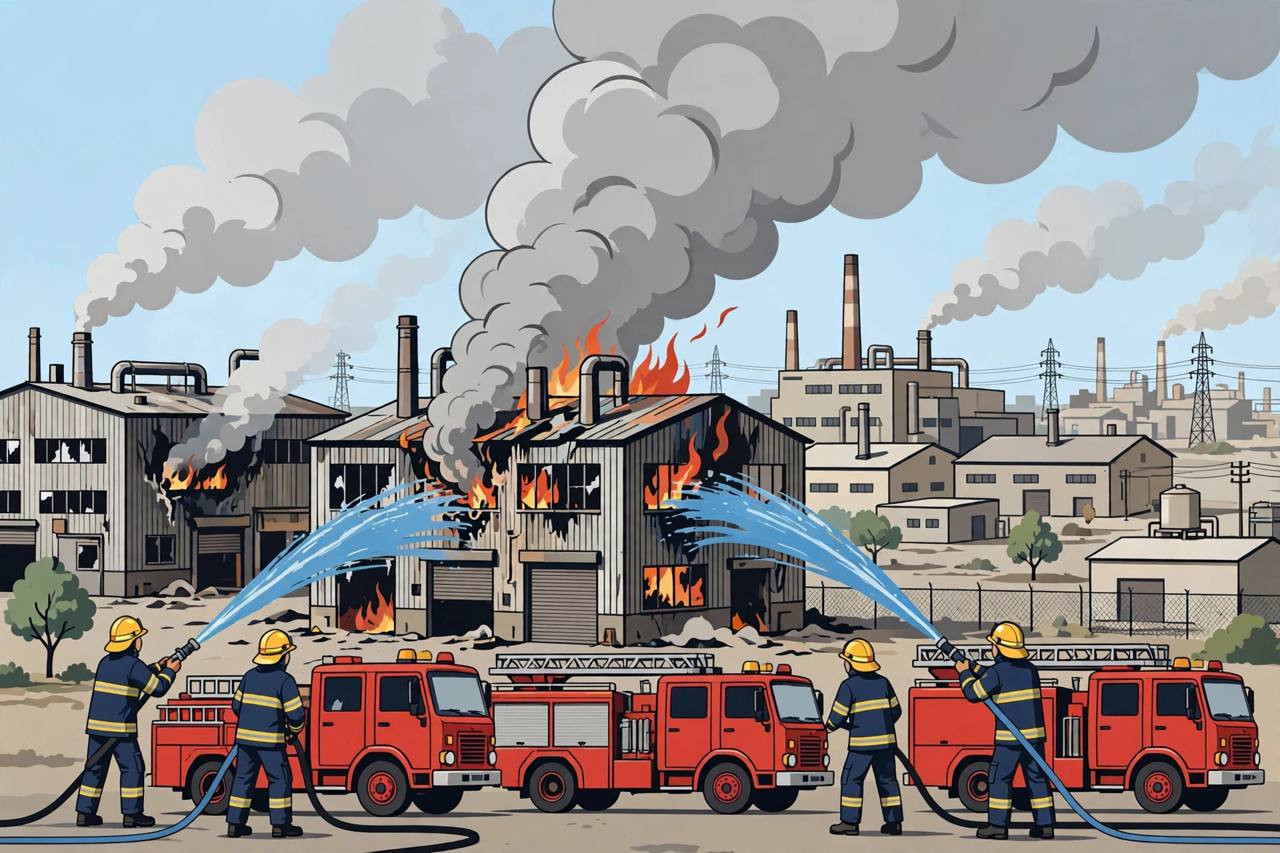 Editorial illustration of firefighters spraying water at a smoking factory building in an industrial area, with red fire engines in front