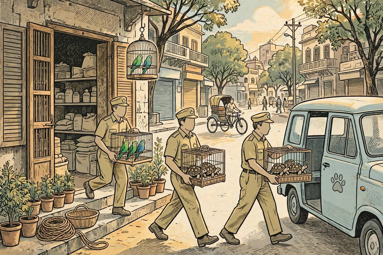 Editorial illustration of forest officers rescuing parakeets and tortoises from a Delhi pet shop