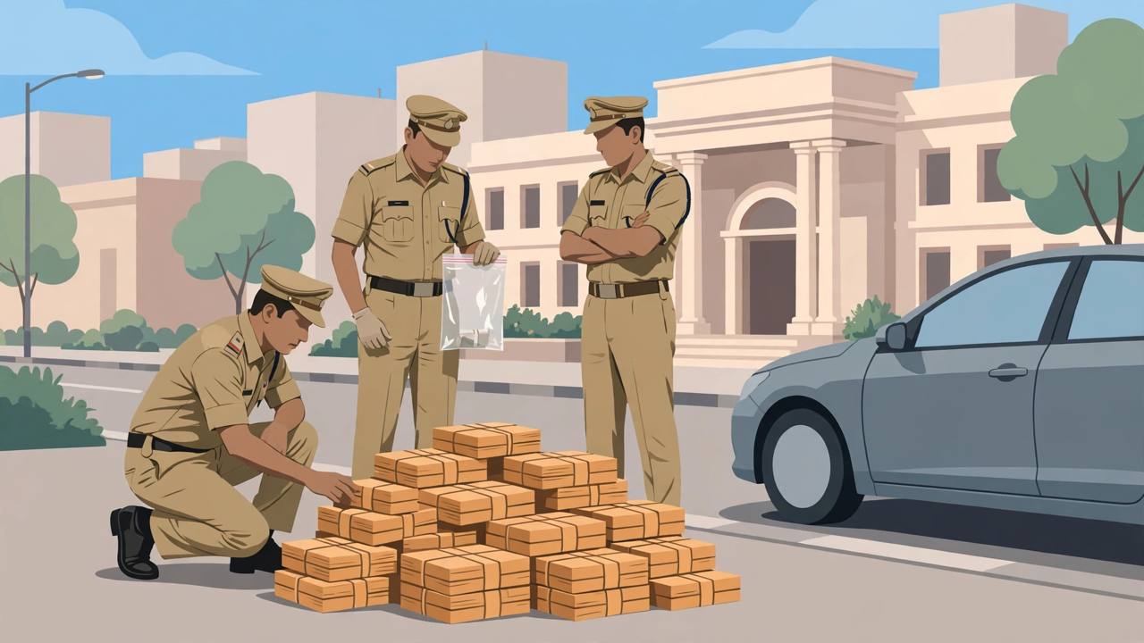 (Editorial illustration) Generic Delhi police officers examining recovered cash bundles beside a seized car on a city street