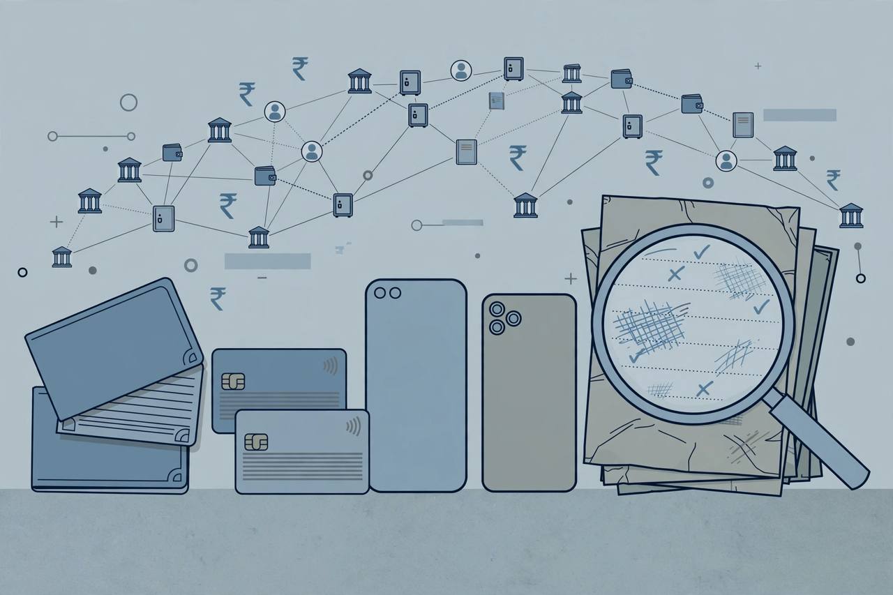 (Editorial illustration) Bank passbooks, debit cards and phones on a desk with stylised rupee symbols and lines linking many bank account icons