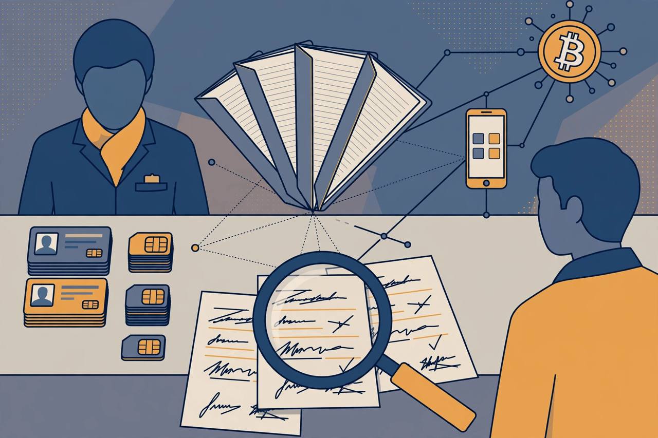 Editorial illustration of mule bank accounts, identity cards and a smartphone network