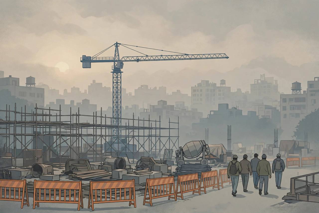 Editorial illustration of a halted construction site in Delhi with an idle crane, scaffolding and barricades under a hazy sky