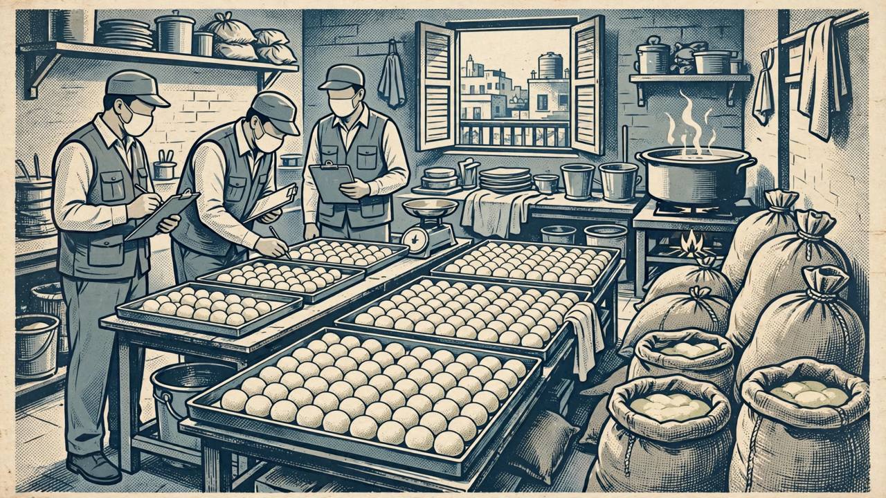 (Editorial illustration) Food safety officers inspecting trays of rasgulla sweets at a small sweet-making workshop in Delhi