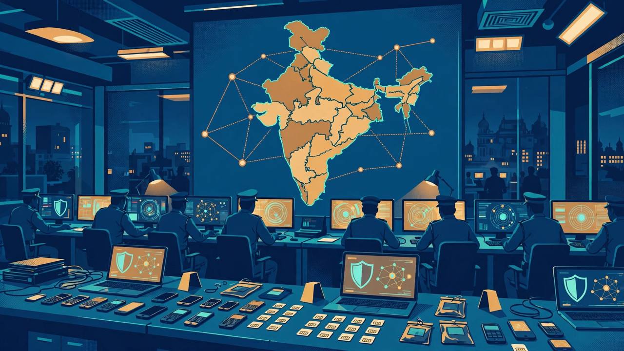 Editorial illustration of a police cybercrime control room with officers examining seized mobile phones, SIM cards and laptops on an evidence table