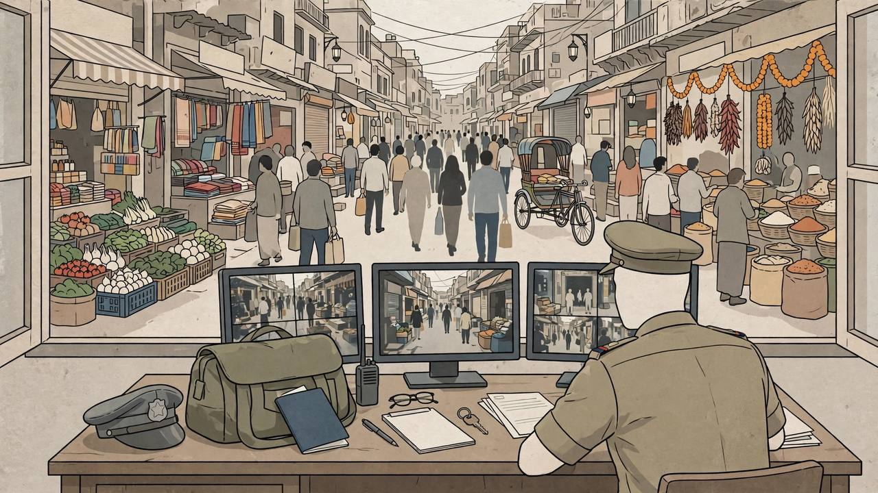 Editorial illustration of a crowded Delhi market lane with a police officer reviewing CCTV screens and a traveller's bag and passport on a desk