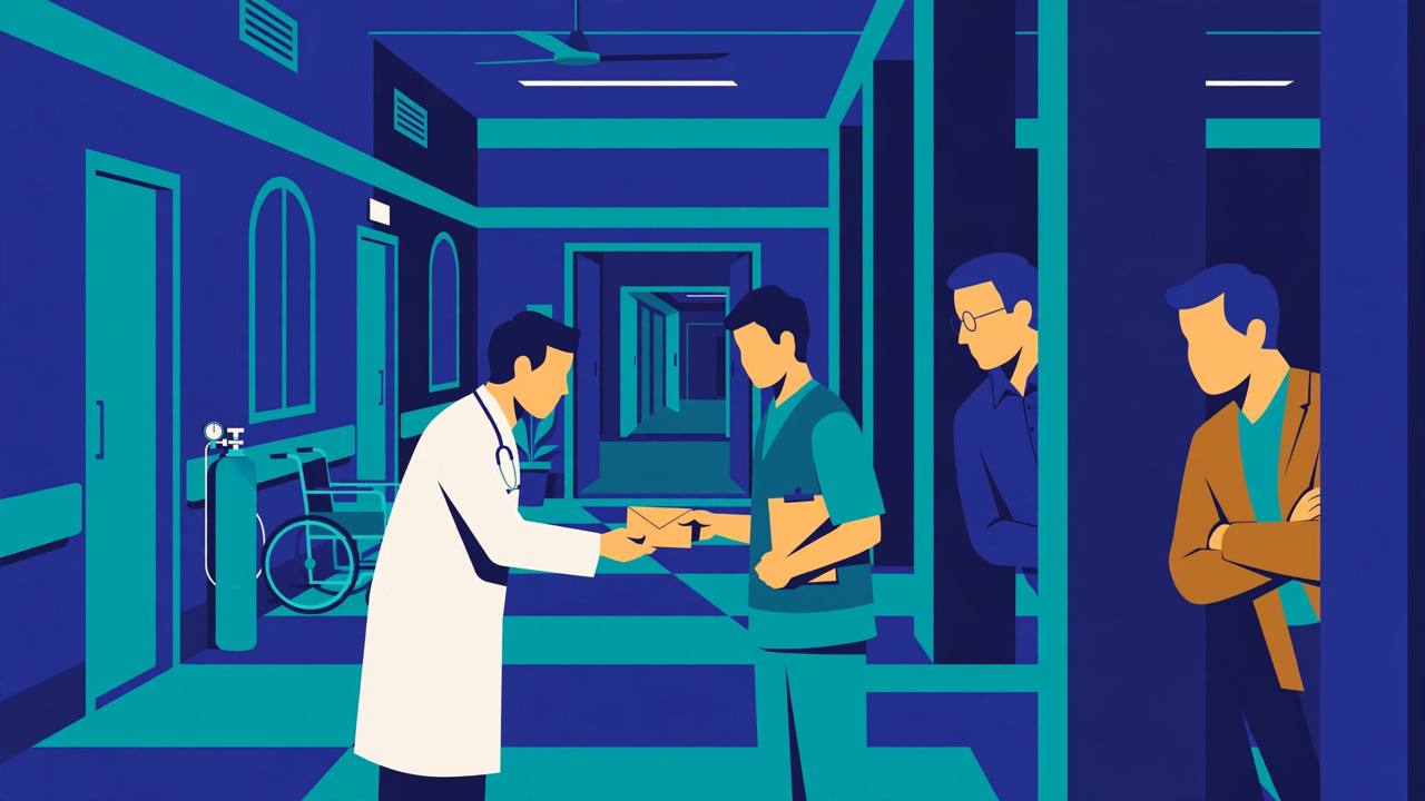 Editorial illustration of a hospital corridor where a doctor figure passes a sealed envelope to a staff figure while two investigators watch