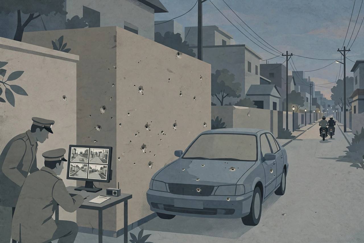 Editorial illustration of a Delhi residential street with bullet marks on a house wall and a parked car, as police officers review CCTV footage and two figures ride away on a motorcycle