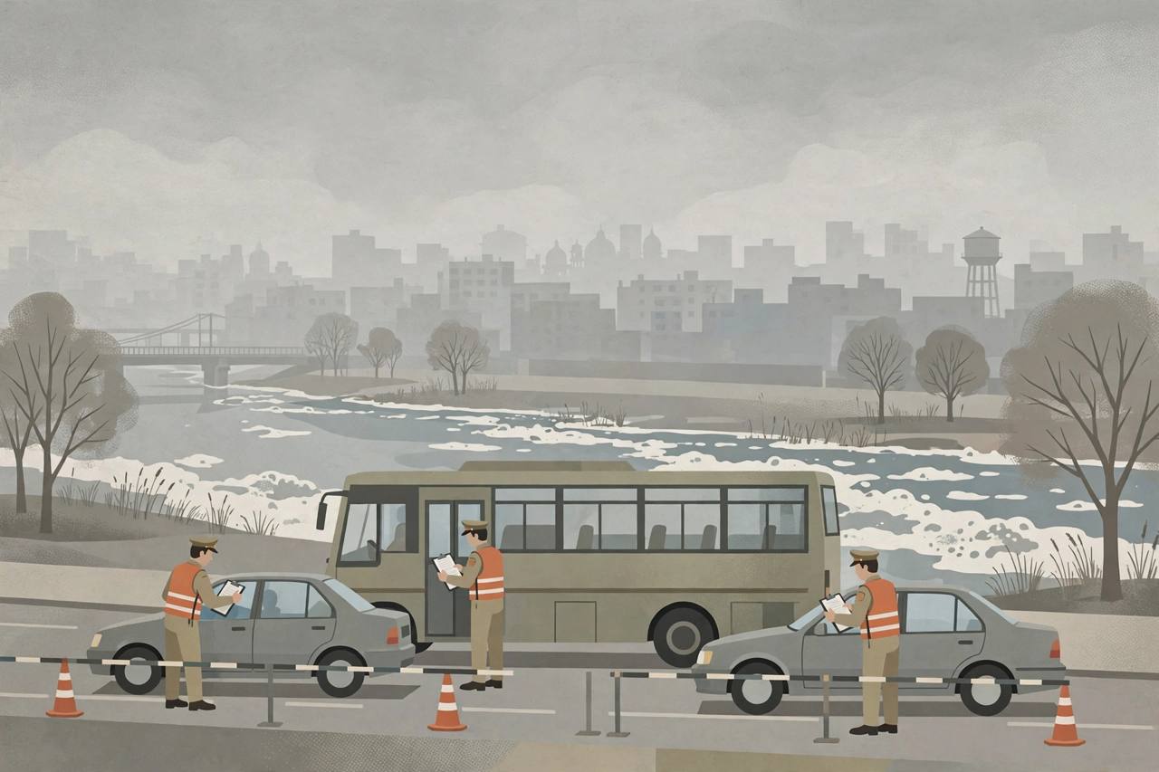 (Editorial illustration) Traffic police checking vehicles at a smoggy Delhi border checkpoint, with a foam-covered river in the background