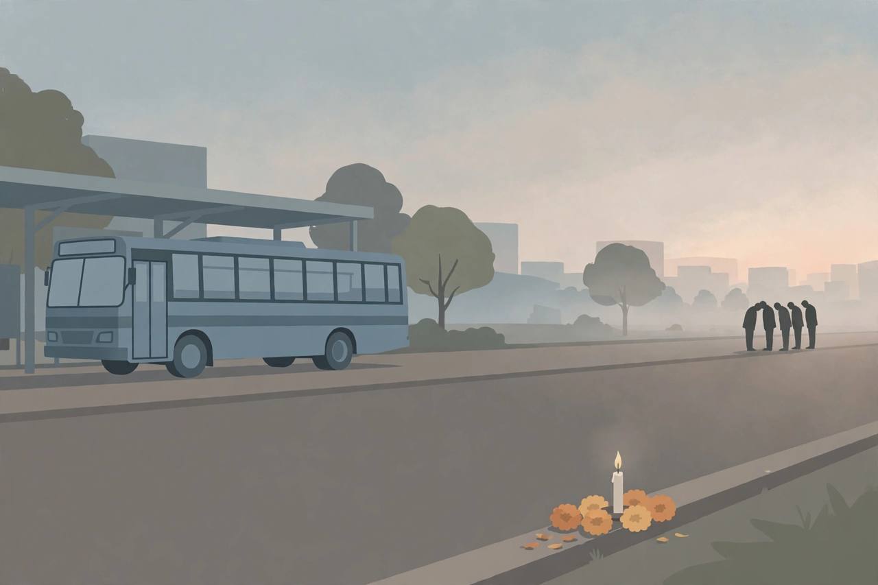 Editorial illustration of a Delhi city bus parked at a depot at dawn with a candle and marigold flowers placed respectfully at the roadside