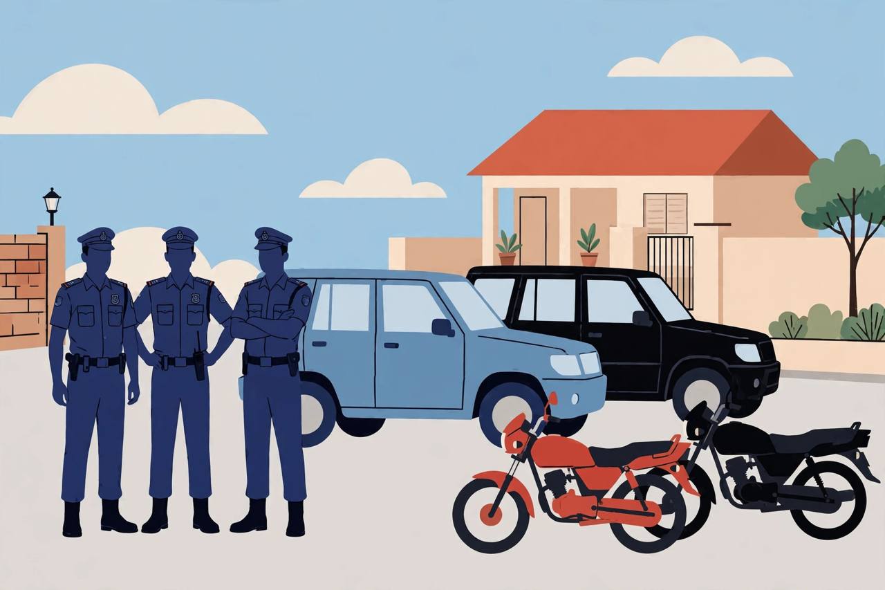 Editorial illustration of police beside recovered SUVs and motorcycles