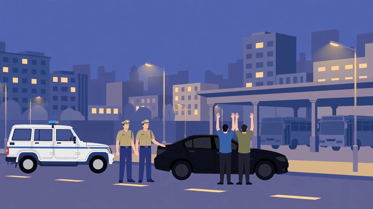 Editorial illustration of Delhi police officers detaining two men beside a black car near a bus depot at dusk, with a police vehicle nearby