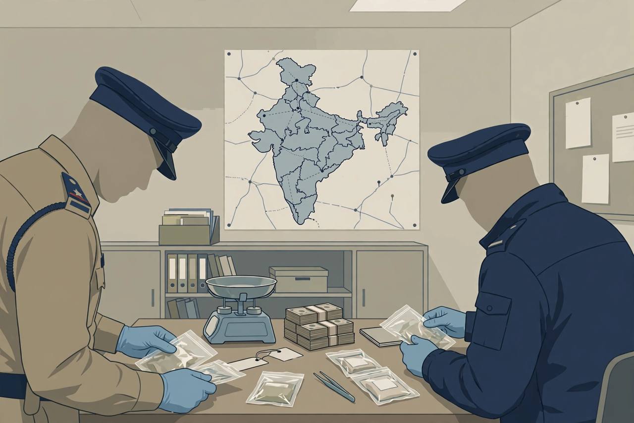 Editorial illustration of police officers examining sealed evidence packets and weighing scales in an investigation room