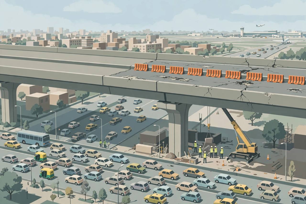 Editorial illustration of a cracked elevated flyover carriageway closed with orange barriers, traffic diverted onto a crowded service road below and a repair crane at work, with an airport in the distance
