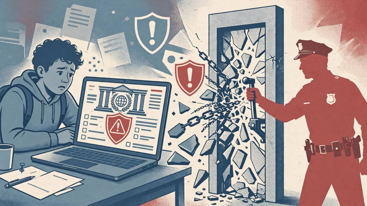 (Editorial illustration) A job seeker at a laptop showing a fake embassy recruitment website, with a warning shield.