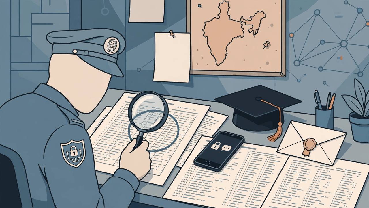 Editorial illustration of a Delhi cyber-cell officer examining a smartphone beside printed spreadsheet pages of phone contacts, a graduation cap and a scholarship letter