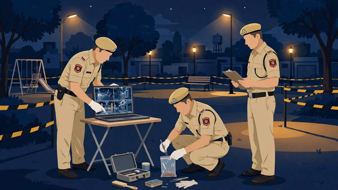 Editorial illustration of Delhi police officers investigating at a cordoned-off park in Seelampur at night