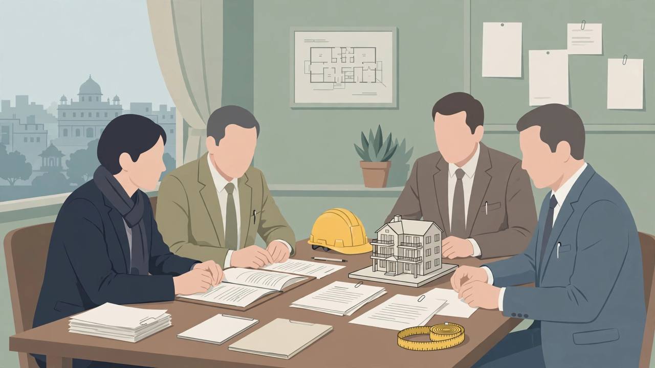 Editorial illustration of officials reviewing building safety files and a residential building model during a magisterial inquiry in Delhi