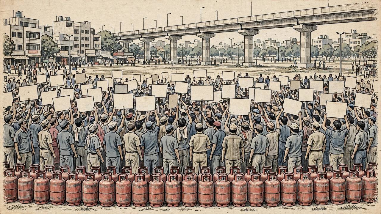 Editorial illustration of LPG distributors protesting at an open ground in east Delhi with red gas cylinders in the foreground