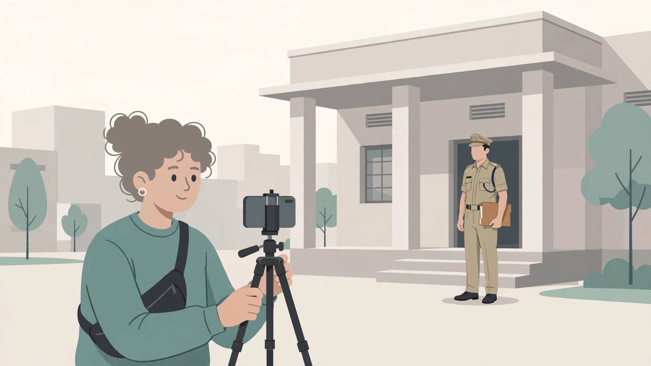Editorial illustration of a generic social-media creator with a phone on a tripod outside a plain police station, with a generic police officer holding a case file