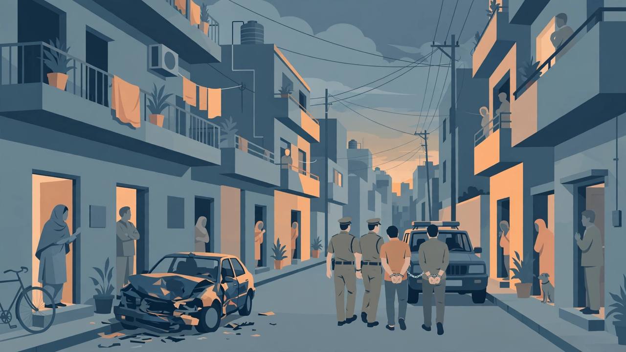Editorial illustration of police officers leading handcuffed men to a police vehicle on a residential street in northeast Delhi at dusk, beside a damaged car