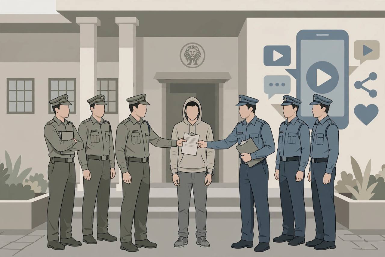 Editorial illustration of two police teams exchanging custody paperwork outside a Delhi police station
