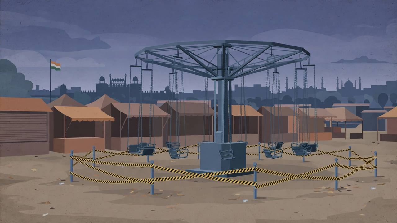Editorial illustration of a still, cordoned-off carnival ride at an empty Dussehra fairground in Delhi at dusk