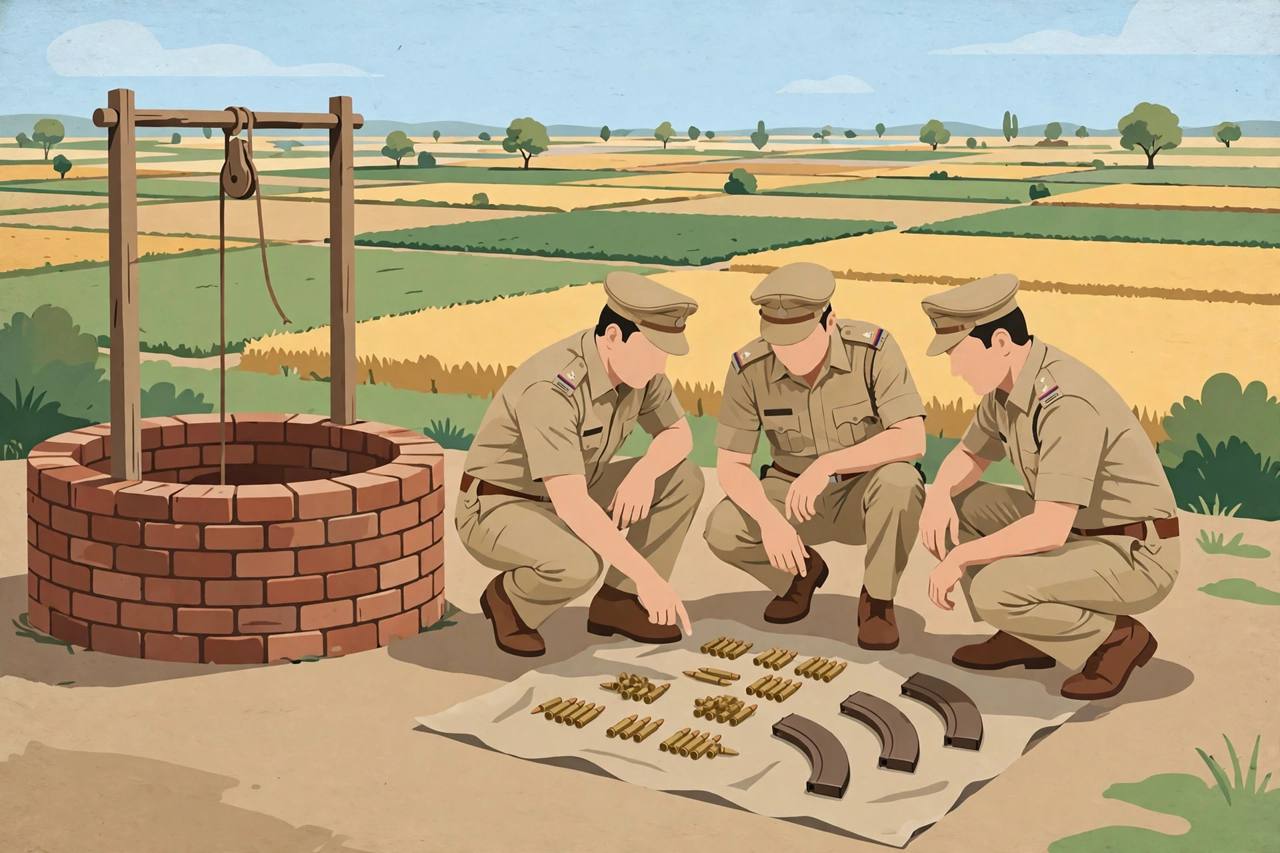 Editorial illustration of Punjab police officers examining recovered rifle cartridges and three curved magazines laid out on a cloth beside a brick-lined rural well in farmland near Jaito, Faridkot