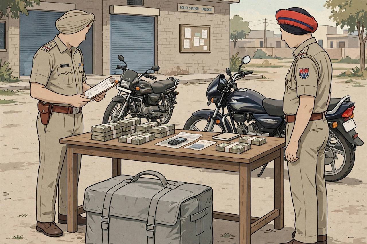 Editorial illustration of Punjab police officers beside a table with recovered cash bundles and two motorcycles outside a Faridkot police station, with a delivery bag in the foreground