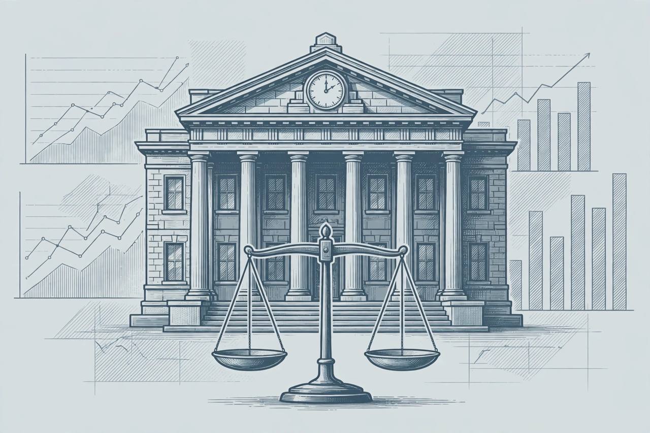 Editorial illustration of a central bank building with a steady balance scale and a clock, symbolising an unchanged policy rate