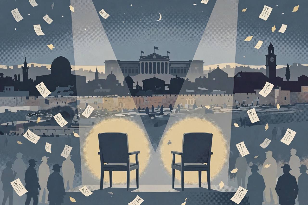 Editorial illustration of a generic Jerusalem skyline at dusk with a parliament silhouette, two empty ministerial chairs under a spotlight and ballot papers falling — flat style, no real person depicted